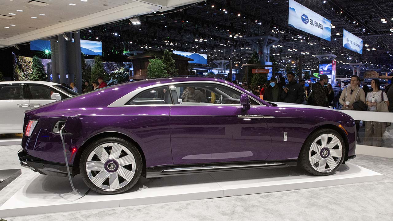 A Rolls Royce Spectre electric vehicle is at the New York International Auto Show in New York on Saturday, March 30, 2024. (AP Photo/Ted Shaffrey)